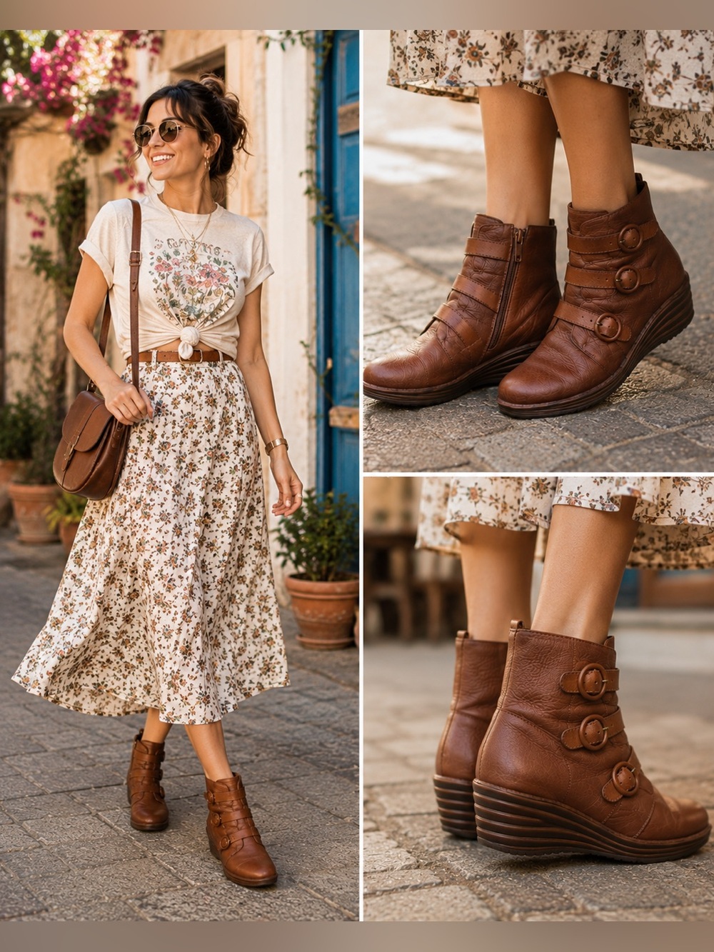 Bionica Leather Wedge Ankle Boots Brown Triple Buckle Comfort Booties Size 8M